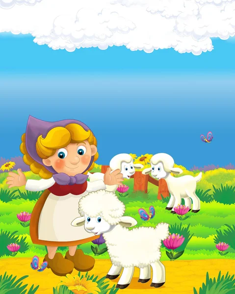 Scena del cartone animato con felice contadina donna sulla fattoria ranch illustrazione per i bambini — Foto Stock