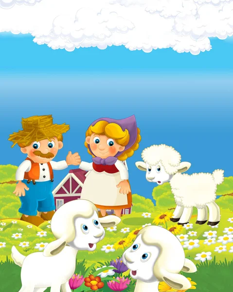 Scena del cartone animato con felice contadino uomo e donna nel ranch fattoria illustrazione per i bambini — Foto Stock