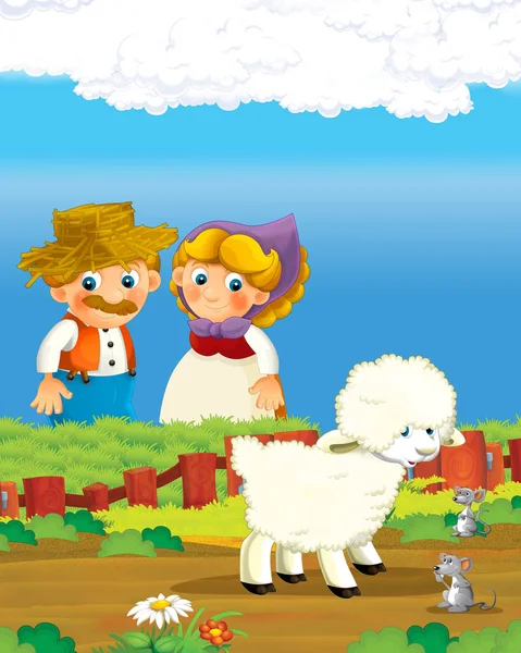 Cartoon scene met gelukkig boer man en vrouw op de boerderij ranch illustratie voor de kinderen — Stockfoto