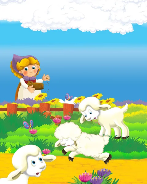 Cena dos desenhos animados com mulher agricultor feliz na fazenda ilustração para as crianças — Fotografia de Stock