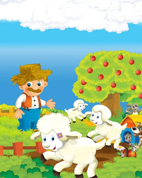 Zeichentrickszene mit glücklichem Bauern auf dem Bauernhof Illustration für die Kinder — Stockfoto