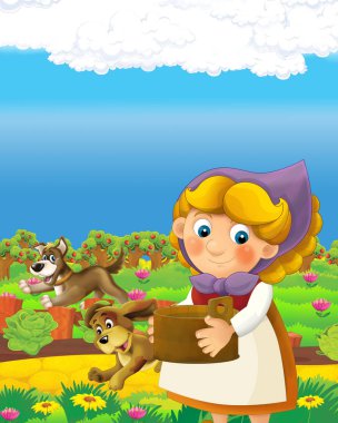 Çiftlikteki çocukların resimlerini çizen mutlu çiftçi kadınla çizgi film sahnesi.