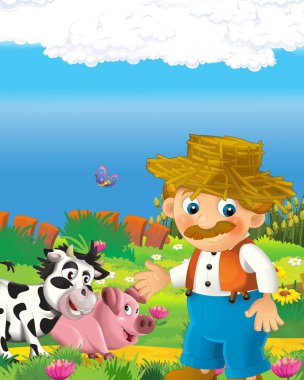 Mutlu çiftçi adamla çizgi film sahnesi. Çocuklar için çiftlik illüstrasyonunda.