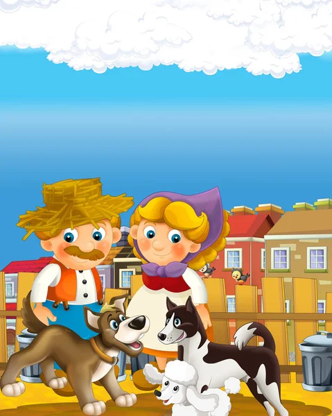 어린이들을 위한 도시 삽화에 나오는 행복 한 농부와 여자와 함께 있는 만화 장면 — 스톡 사진