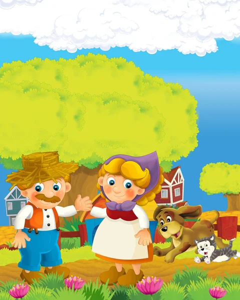 Cartoon scene with happy farmer man and woman on the farm ranch illustration for the children — Stock Photo, Image