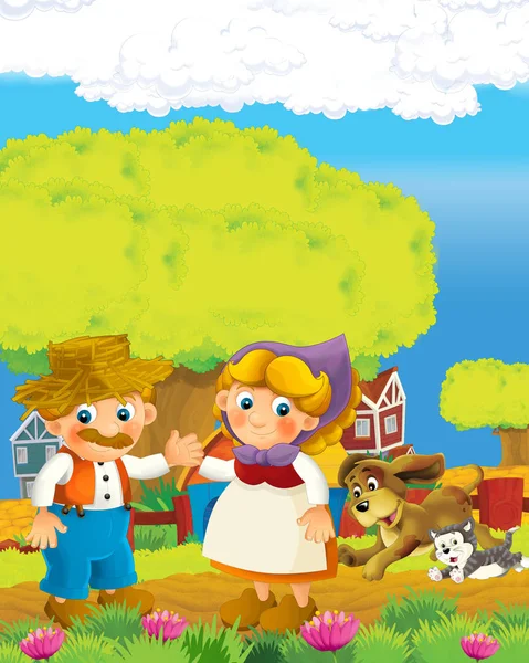 Cartoon scene met gelukkig boer man en vrouw op de boerderij ranch illustratie voor de kinderen — Stockfoto