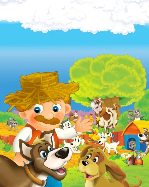 Scène de dessin animé avec homme fermier heureux sur la ferme ranch illustration pour les enfants — Photo