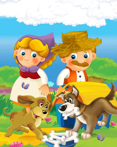 Мультфильм сцены с счастливым фермером мужчина и женщина на ферме иллюстрации ранчо для детей — стоковое фото