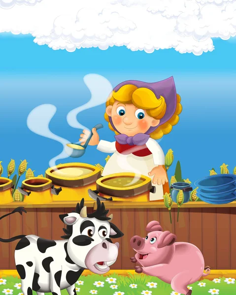 아이들을 위한 농장 목장의 행복 한 농부 여인 과 함께 있는 만화 장면 — 스톡 사진