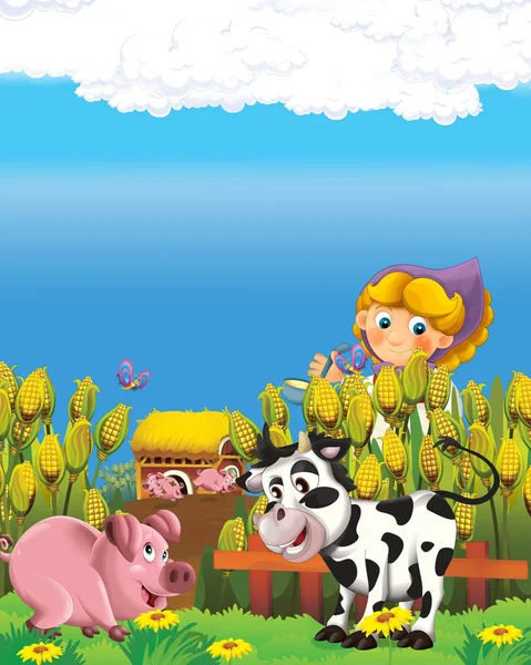 Scena del cartone animato con felice contadina donna sulla fattoria ranch illustrazione per i bambini — Foto Stock