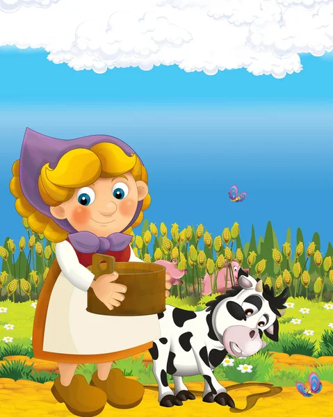 Σκηνή κινουμένων σχεδίων με ευτυχισμένη αγρότισσα γυναίκα στο αγρόκτημα ράντσο εικονογράφηση για τα παιδιά — Φωτογραφία Αρχείου