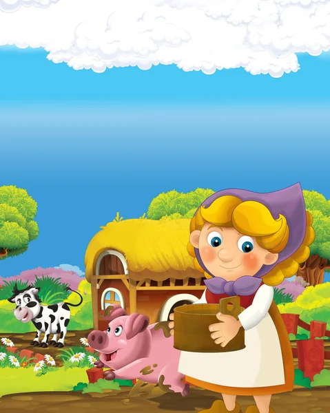 Escena de dibujos animados con la mujer campesina feliz en la ilustración rancho de la granja para los niños — Foto de Stock