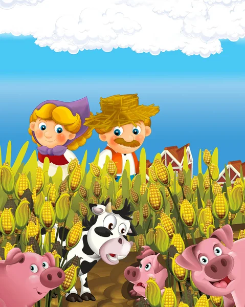 Σκηνή κινουμένων σχεδίων με ευτυχισμένη γεωργός άνδρας και γυναίκα στο αγρόκτημα ράντσο εικονογράφηση για τα παιδιά — Φωτογραφία Αρχείου