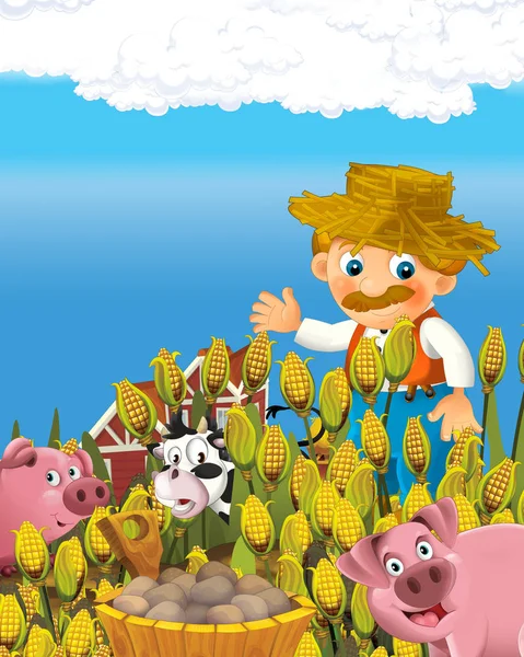 Cartoon scene met gelukkig boer man op de boerderij ranch illustratie voor de kinderen — Stockfoto