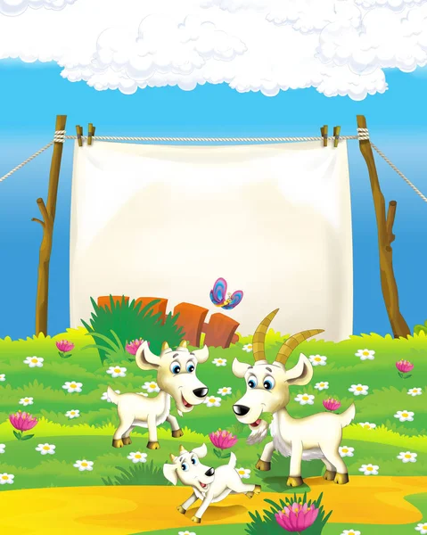 Zeichentrickfilm-Bauernhofszene mit Ziegen, die auf der Farm-Ranch Spaß haben - Illustration für Kinder — Stockfoto