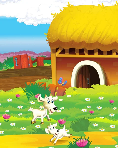 Γελοιογραφία σκηνή αγρόκτημα με κατσίκα των ζώων που διασκεδάζουν στο αγρόκτημα ράντσο - εικονογράφηση για τα παιδιά — Φωτογραφία Αρχείου