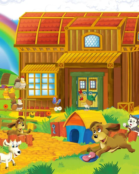 Cartoon boerderij scène met dier geit plezier hebben op de boerderij ranch - illustratie voor kinderen — Stockfoto