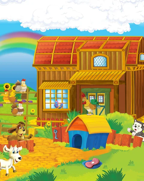 애완 염소 가 농장 목장에서 재미있게 노는 만화 농장 장면 - 아이들을 위한 삽화 — 스톡 사진