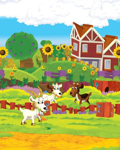 Escena de granja de dibujos animados con cabra animal divirtiéndose en el rancho de la granja - ilustración para niños — Foto de Stock