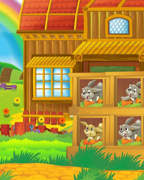 Hayvan tavşanının çiftlikte eğlendiği çizgi film sahnesi - çocuklar için çizim — Stok fotoğraf