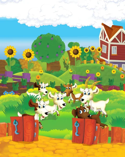 Cartoon farm scene with animal goat having fun on the farm ranch - illustration for children — Stock Photo, Image