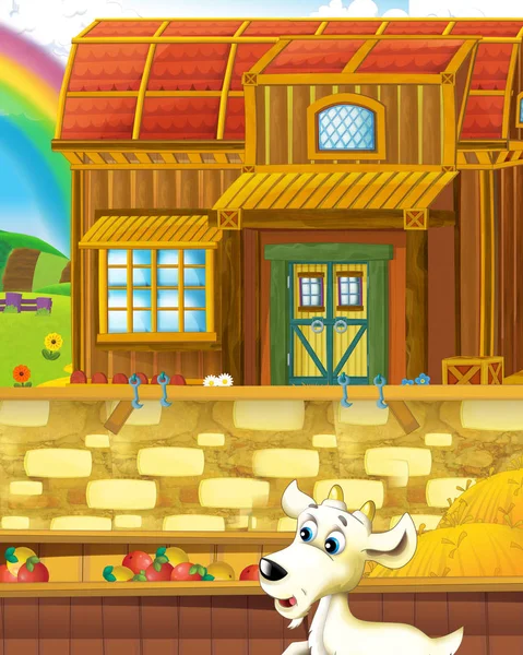 Cartoon farm scene with animal goat having fun on the farm ranch - illustration for children