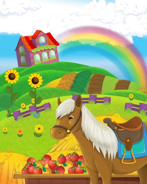 Escena de granja de dibujos animados con caballo de animales divirtiéndose en el rancho de la granja - ilustración para niños —  Fotos de Stock
