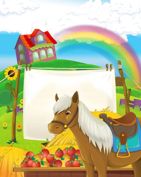 Cartoon farm scene with animal horse having fun on the farm ranch - illustration for children — Stock Photo, Image