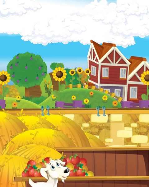 Escena de granja de dibujos animados con cabra animal divirtiéndose en el rancho de la granja - ilustración para niños —  Fotos de Stock