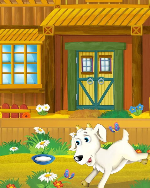 Escena de granja de dibujos animados con cabra animal divirtiéndose en el rancho de la granja - ilustración para niños —  Fotos de Stock