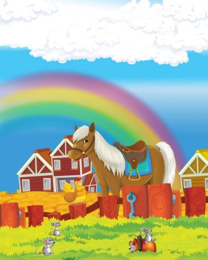 At ve kediyle çiftlikte hayat olan çizgi film sahnesi - çocuklar için çizim