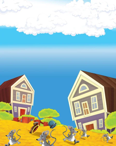 Kreslená scéna s zábavně vypadající hospodským domem na kopci-ilustrace pro děti — Stock fotografie