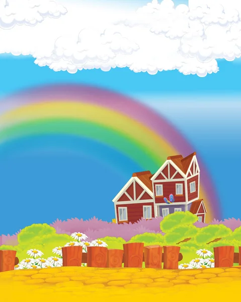 Tecknad scen med rolig söker bondgårdshus på kullen-illustration för barn — Stockfoto