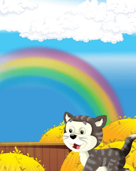 Σκηνή κινουμένων σχεδίων με χαρούμενη γάτα που διασκεδάζει στη φάρμα - εικονογράφηση για παιδιά — Φωτογραφία Αρχείου