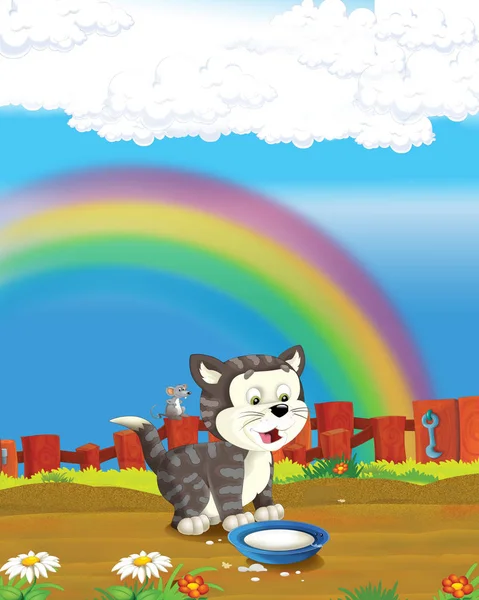 Neşeli kedinin çiftlikte eğlendiği çizgi film sahnesi - çocuklar için çizim — Stok fotoğraf