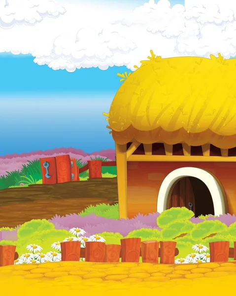 Zeichentrickszene mit lustig aussehendem Bauernhaus auf dem Hügel - Illustration für Kinder — Stockfoto