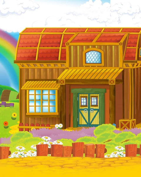 Мультяшна сцена з кумедним виглядом фермерського будинку на пагорбі - ілюстрація для дітей — стокове фото