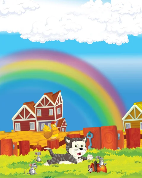 Escena de dibujos animados con gato alegre divirtiéndose en la granja - ilustración para niños —  Fotos de Stock