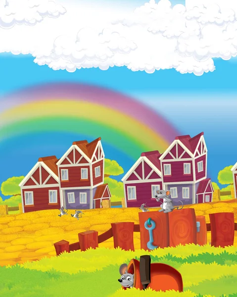 Cartoon scene with funny looking farm house on the hill - illustration for children — Stock Photo, Image