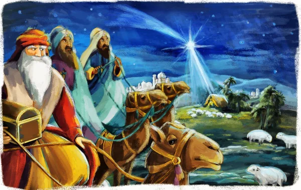 Illustrazione religiosa tre re - e santa famiglia - scena tradizionale - illustrazione per bambini — Foto Stock