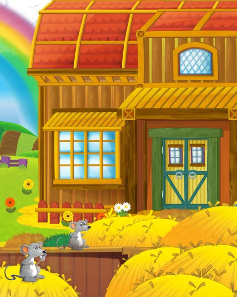 Cartoon scène met grappig uitziende boerderij huis op de heuvel-illustratie voor kinderen — Stockfoto