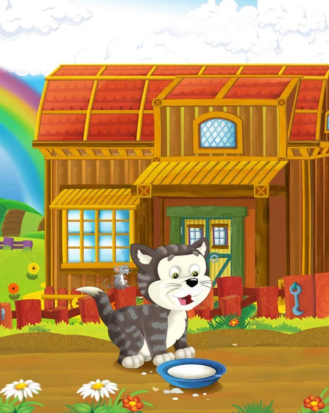 Escena de dibujos animados con gato alegre divirtiéndose en la granja - ilustración para niños — Foto de Stock