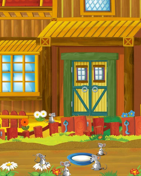 Мультяшная сцена с забавным фермерским домом на холме - иллюстрация для детей — стоковое фото