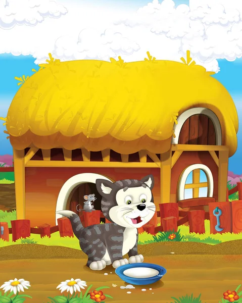 Scena dei cartoni animati con allegro gatto divertirsi in fattoria - illustrazione per bambini — Foto Stock