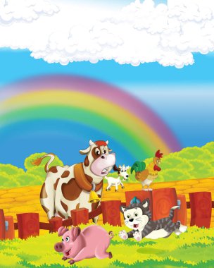 İneğin beyaz arka planda çiftlikte eğlendiği çizgi film sahnesi - çocuklar için illüstrasyon