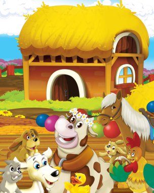 İneğin beyaz arka planda çiftlikte eğlendiği çizgi film sahnesi - çocuklar için illüstrasyon