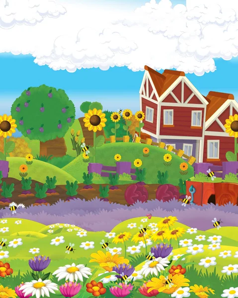 Scena kreskówek z zabawnie wyglądającą łąką farmerską na wzgórzu - ilustracja dla dzieci — Zdjęcie stockowe