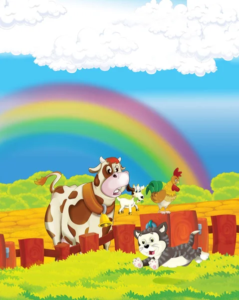 İneğin beyaz arka planda çiftlikte eğlendiği çizgi film sahnesi - çocuklar için illüstrasyon — Stok fotoğraf