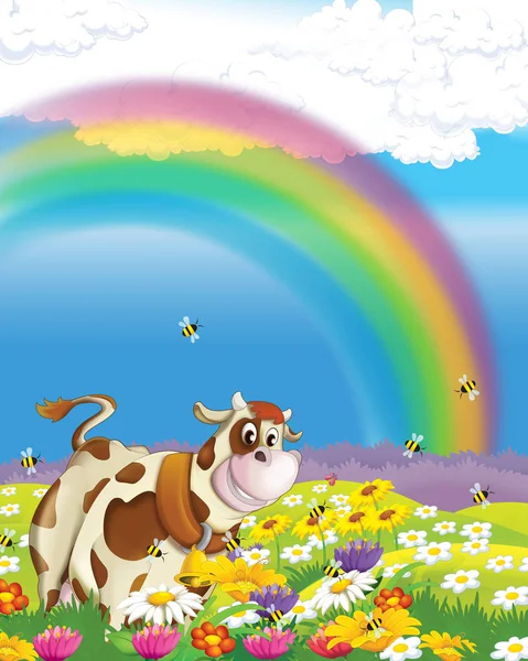 cartoon scene with cow having fun on the farm on white background - illustration for children