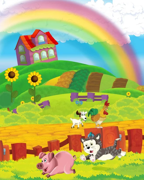 Zeichentrickszene mit lustig aussehendem Bauernhaus auf dem Hügel - Illustration für Kinder — Stockfoto